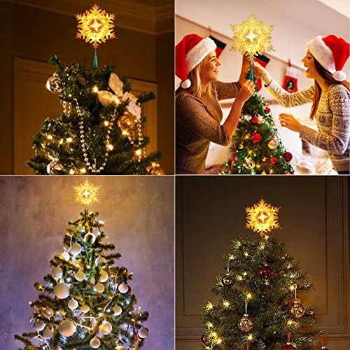 טופר עץ מואר, 9.25 'נוצץ זהב מצופה פתית שלג עץ חג המולד עם 20 אורות לבנים חמים, תוסף רשימה של UL עץ עץ עץ עץ לחג המולד קישוטי