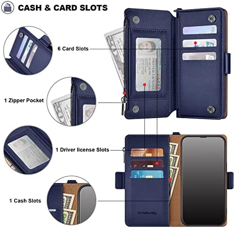 עבור אייפון 14 פרו 6.1 מקרה ארנק רוכסן רוכסן 7 חריץ כרטיס עור מפוצל מגנטי אבזם להעיף פוליו ספר מגן כיסוי אשראי כרטיס