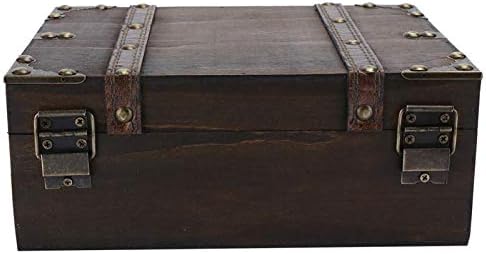 קופסת אחסון מעץ סגנון וינטג 'חזה אוצר, קופסת אחסון מעץ דקורטיבית עם מנעול, 9.25 x 6.30 x 3.74 אינץ