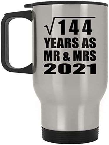 תכנן את השורש הריבועי של 12 שנה ל -144 שנים כ- MR & MRS 2021, ספל נסיעות כסף 14oz כוס מבודד נירוסטה, מתנות ליום הולדת