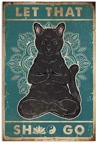 קיטי שחור חתול שחור יוגה מתכת שלט פח חתול שחור יוגה תן לזה שוו ללכת מצחיק רטרו פוסטר כושר משרד קפה סלון אמבטיה