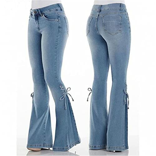מכנסי ג'ינס תחתית תחרה פעמון מכנסיים לנשים תחבושת משוררת רגליים מתרחבות מכנסי ג'ינס מתרחבים במותן מופרך.