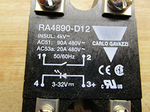 Carlo Gavazzi RA4890-D12 PANEL PANEL, ממסר, 90AMP, 32VDC, טווח 3VDC עד 32VDC מתח מתח טווח 42VAC ל- 530VAC עומס זרם 90A