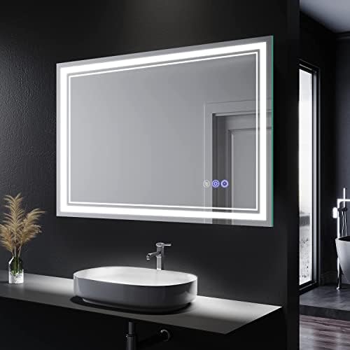 PRIFAYER 36 X 28 מראה אמבטיה LED עם אורות 3 צבע ובהירות מתכווננים על ידי חיישן מגע עבור קיר מלבני מלבני אנטי ערפל, מראה יהירות