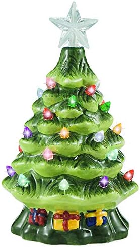 Joiedomi 7 עץ חג המולד קרמיקה עם קופסת מתנה, עץ חג המולד של Mini Prelit Tabletop עם טופר כוכב כחול נוסף ונורות לקישוט השולחן