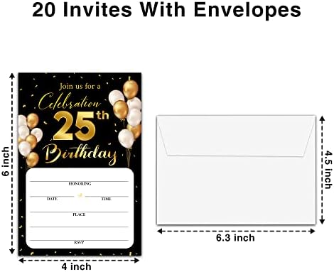 כרטיסי הזמנה ליום הולדת 25 עם מעטפות - נושא זהב קלאסי ממלא את כרטיסי ההזמנה של מסיבת יום הולדת ריקה, לגבר, אישה צעירים ציוד