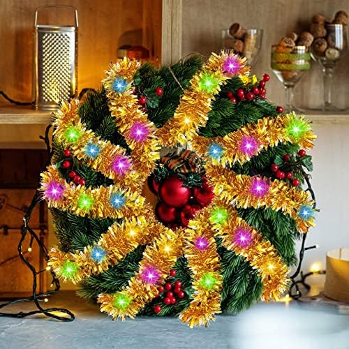 50 רגל חג המולד טינסל גרלנד עם 65.7 רגל אורות מיתרים פיות תלויים זר מטאלי מתכתית טוויסט טוויסט גרלנד עם אורות לעיצוב עץ חג
