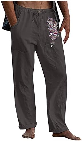 מכנסי פשתן כותנה של Jorasa Mens, מכנסי חוף יוגה משיכה מכנסיים היפי מזדמנים מודפסים מכנסיים לכיסים קלים מכנסי טרקלין