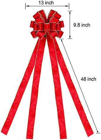 טופר עץ חג המולד של Lulu Home, 48 x 13 אדום קשת קטיפה גדולה עם זרמים ארוכים, קשת דקורטיבית קצה חוט