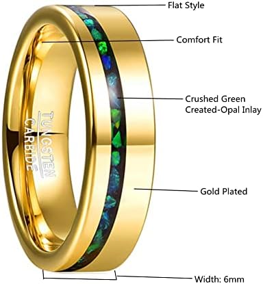 6 ממ זהב טונגסטן חתונה להקות עם כתוש ירוק נוצר-אופל / מלכיט משובץ גבוהה מלוטש גימור גודל 6-12