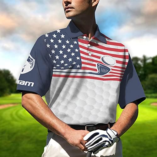 LASFOUR בהתאמה אישית תלת מימד חולצות פולו גולף מצחיקות לגברים, חולצות גולף לגברים שרוול קצר פולו יבש בכושר, אמריקה