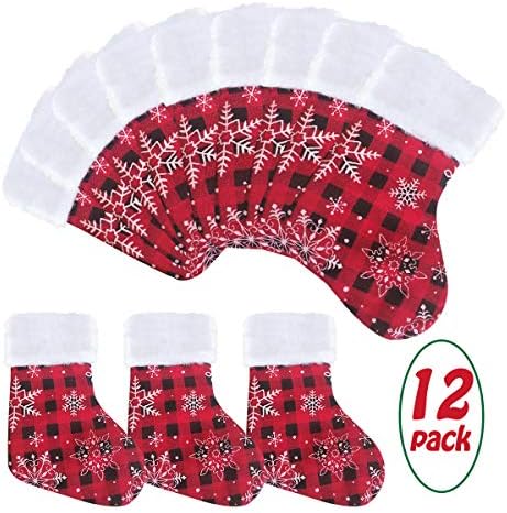 וונטריאם 7 אינץ 'מיני גרבי חג המולד 12 חבילה, עיצוב משובץ אדום וירוק כפרי עם פתית שלג וחפת פליס, תוספת נהדרת לקישוטים לחג