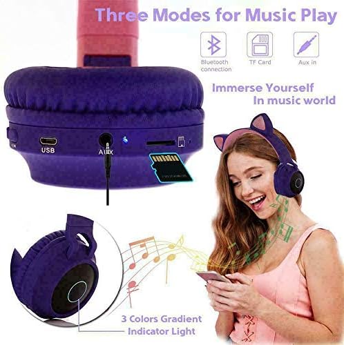 KK Kimken Cat אוזניות אוזניות - אוזניות לילדים Bluetooth - אוזניות אלחוטיות לבנות - אוזניות חמודות מתקפלות ונייד