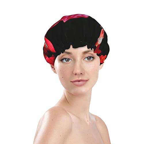 פלמינגו ברקע שחור כובע מקלחת מודפס, שכבות כפולות כובע אמבטיה לנשים כובעי מקלחת אמבטיה אטומים למים כובע שיער רחצה אלסטי לשימוש