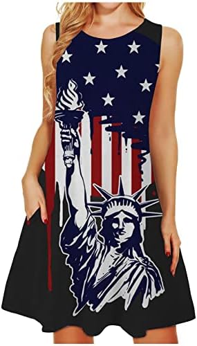 שמלות יום עצמאות של HCJKDU לנשים עגול צוואר עגול שרוולים דגל אמריקאי שמלת מיני רופפת שמלת טנק מזדמן עם כיסים