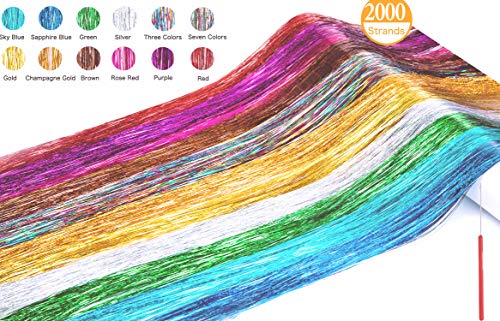 שיער טינסל קווצות ערכת 47 סנטימטרים 12 צבעים 2400 גדילים נוצץ מסיבת טינסל שיער הרחבות הבהרה רב צבעים סינטטי